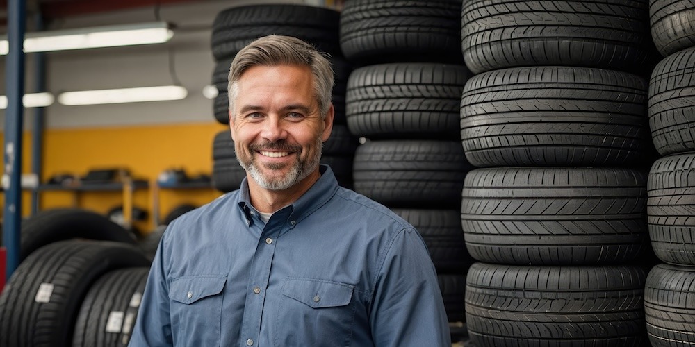 Smiling tire shop owner.